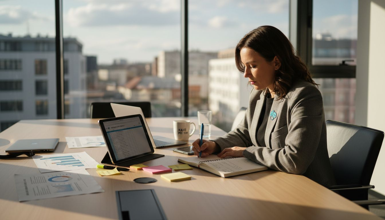 Zamestnanec si pri rokovacom stole prezerá údaje z auditu.