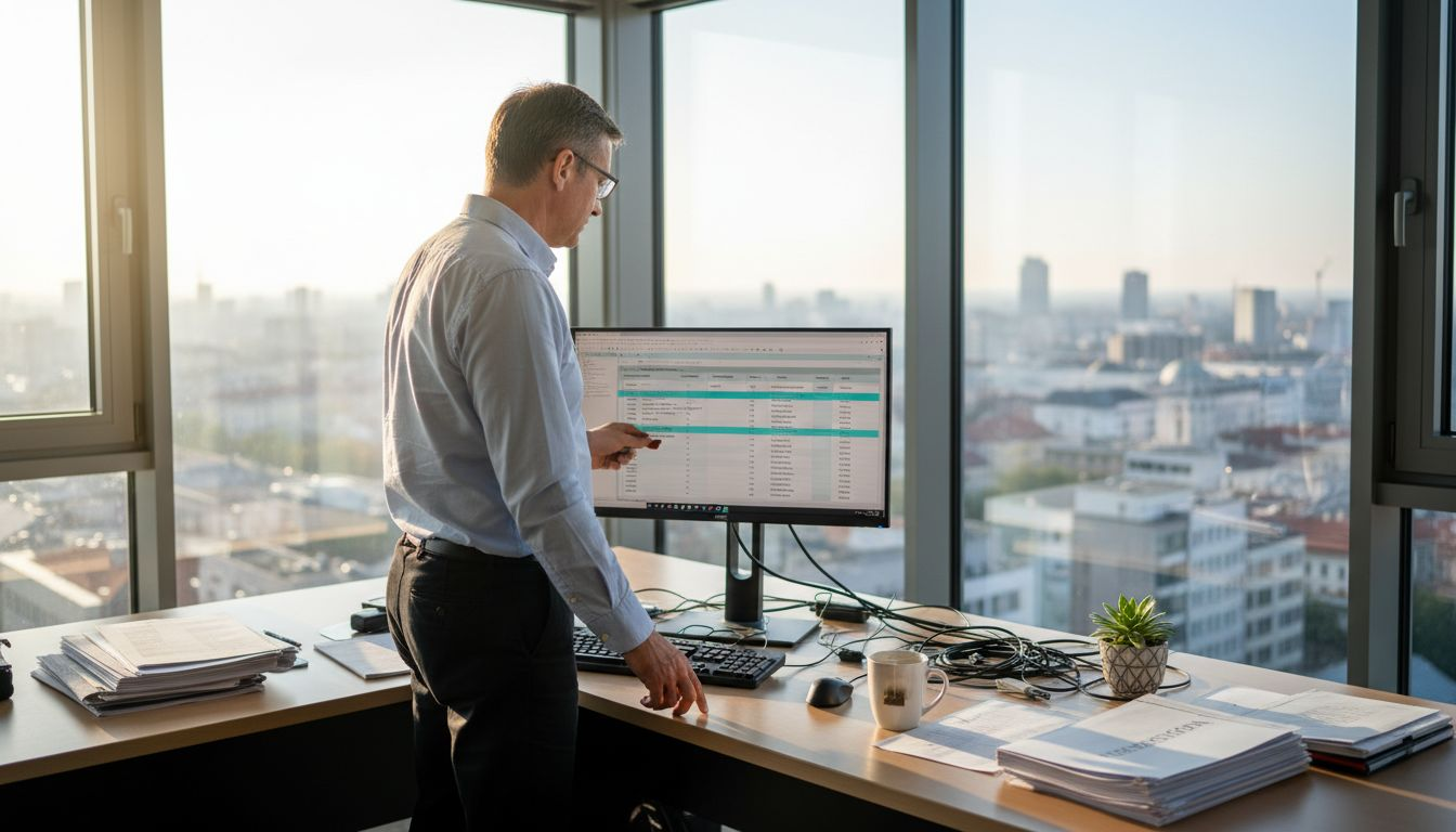 IT manažér si v kancelárii prechádza tabuľku z auditu a dôsledne kontroluje jednotlivé položky.