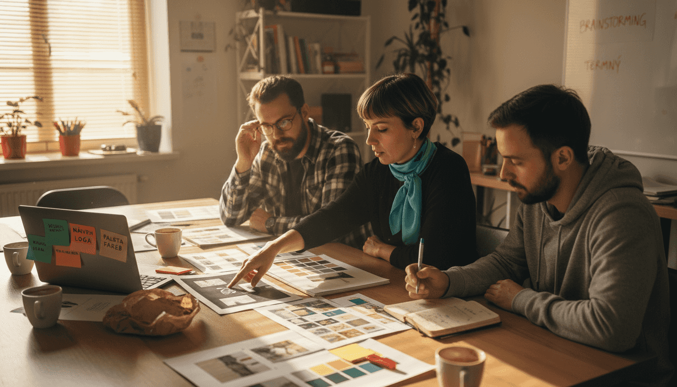 Tím sedí pri stole a spoločne prechádza vizuálnu identitu značky.