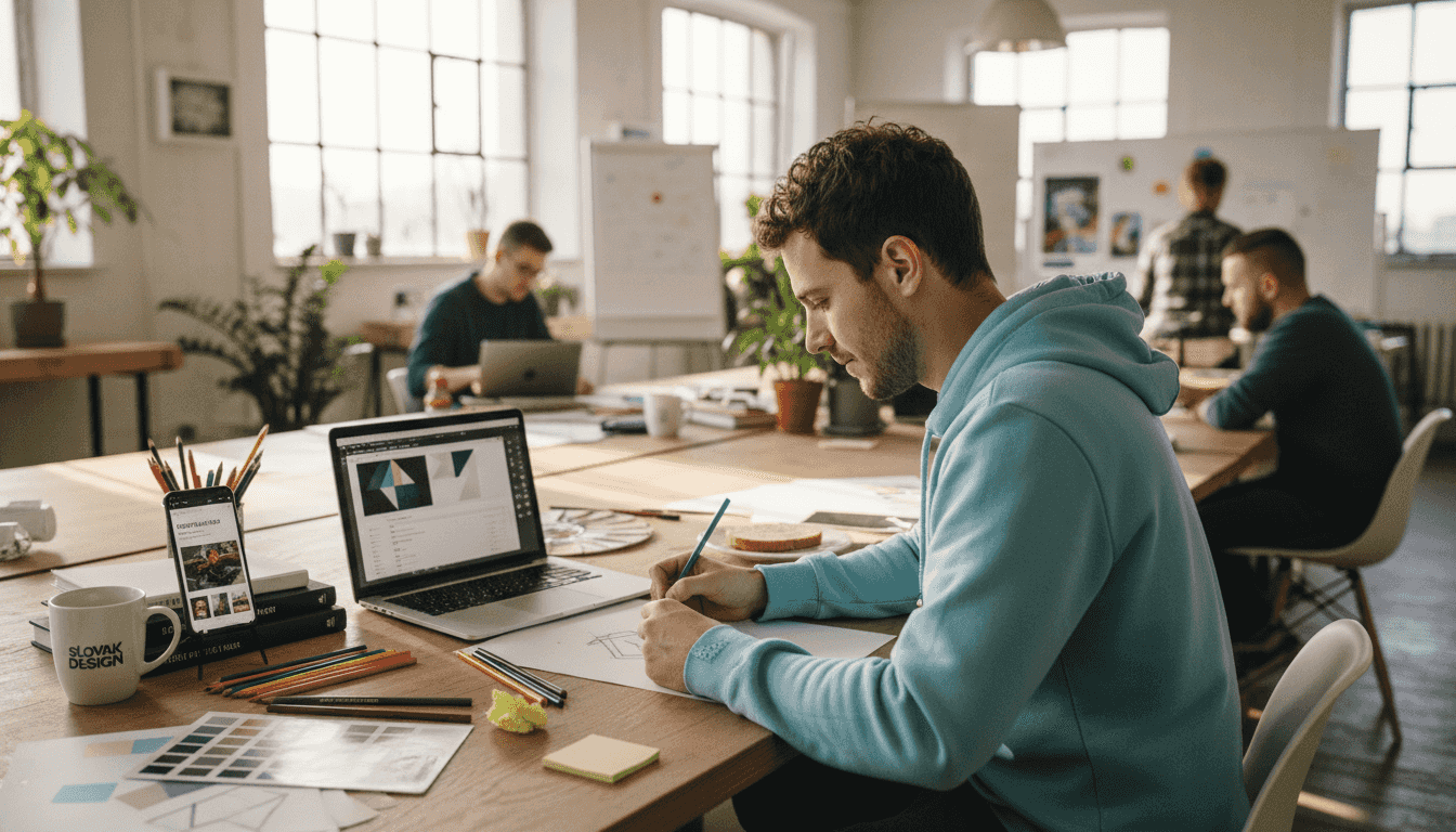 Návrhár si kreslí prvé návrhy loga a premýšľa nad celkovou vizuálnou identitou značky.