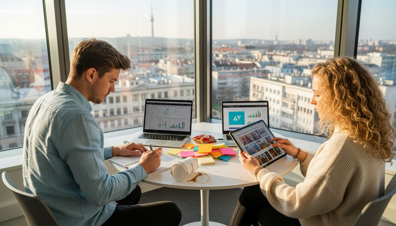 Tím spoločne v kancelárii vymýšľa nové nápady na digitálny marketing.