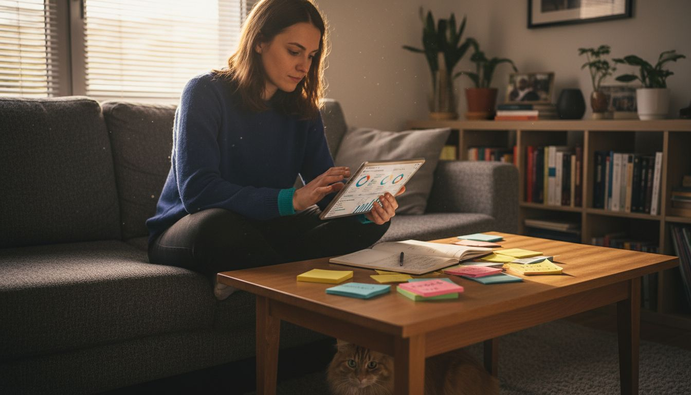 Analytik pohodlne sedí na gauči a prezerá si dáta v tablete.