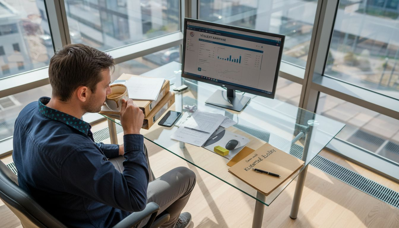 Marketingový manažér si pri stole prechádza výsledky kampane a analyzuje ich dopad.