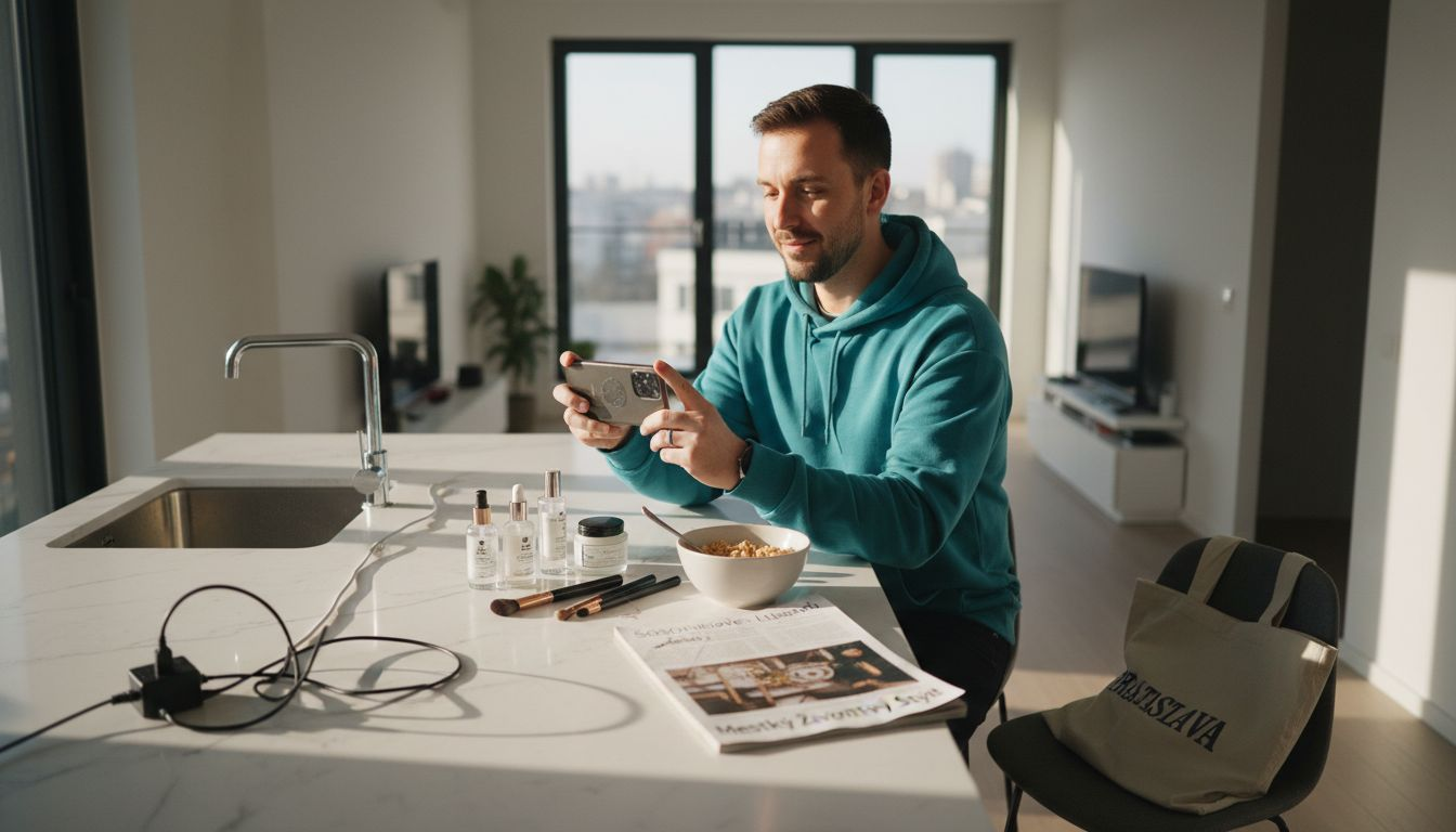 Influencer si pripravuje produkt na kuchynskej linke a fotí ho na svoj profil.