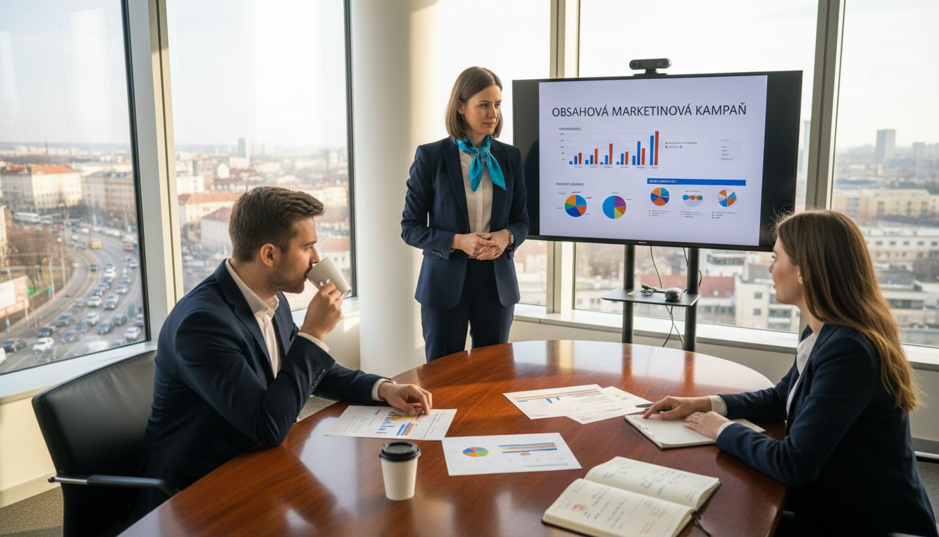 V kancelárii prebieha debata o natívnej reklame medzi členmi tímu.