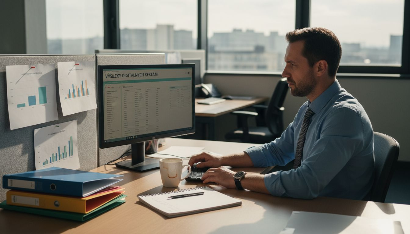 Majiteľ firmy si pri stole prechádza výsledky reklamnej kampane.