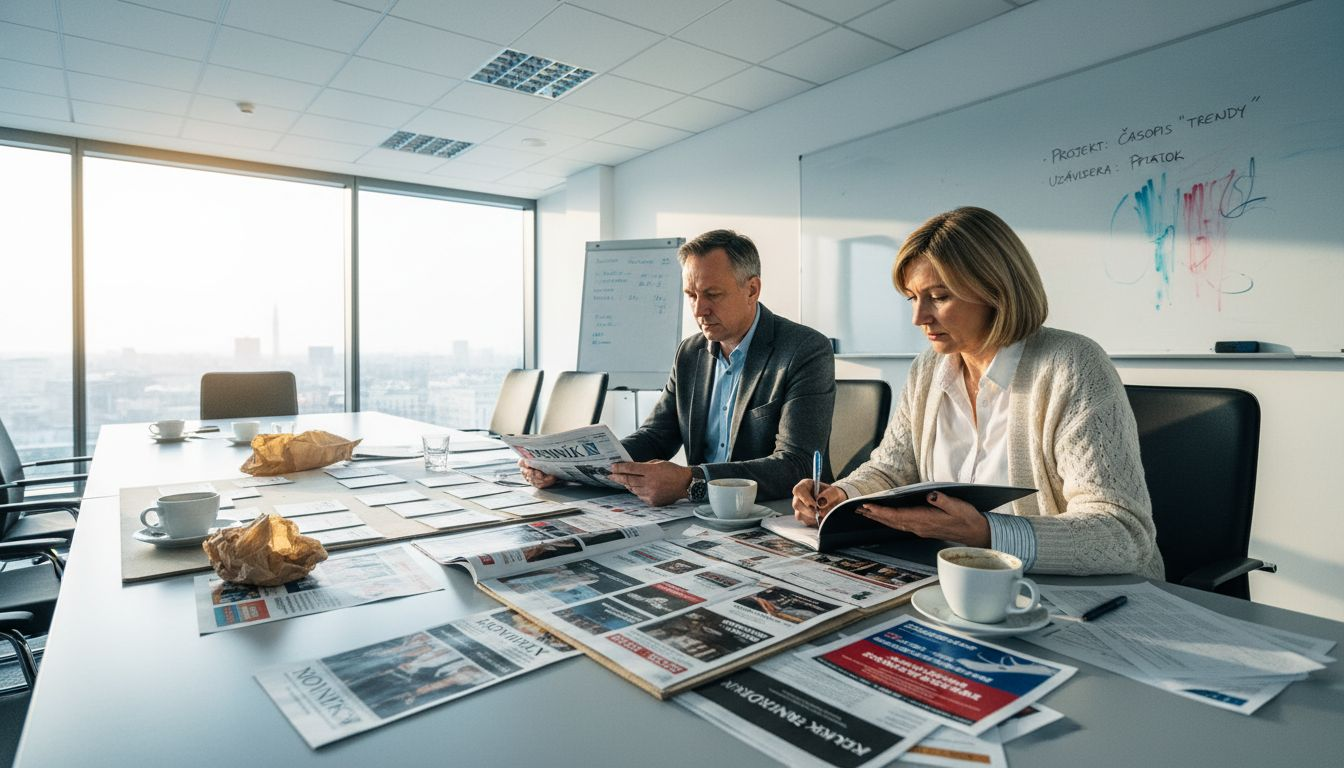 Tím diskutuje o návrhoch reklamných materiálov pri stole plnom papierov a chaosu.