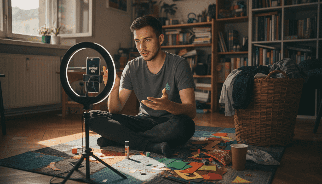 Mladý tvorca si doma natáča video na TikTok.