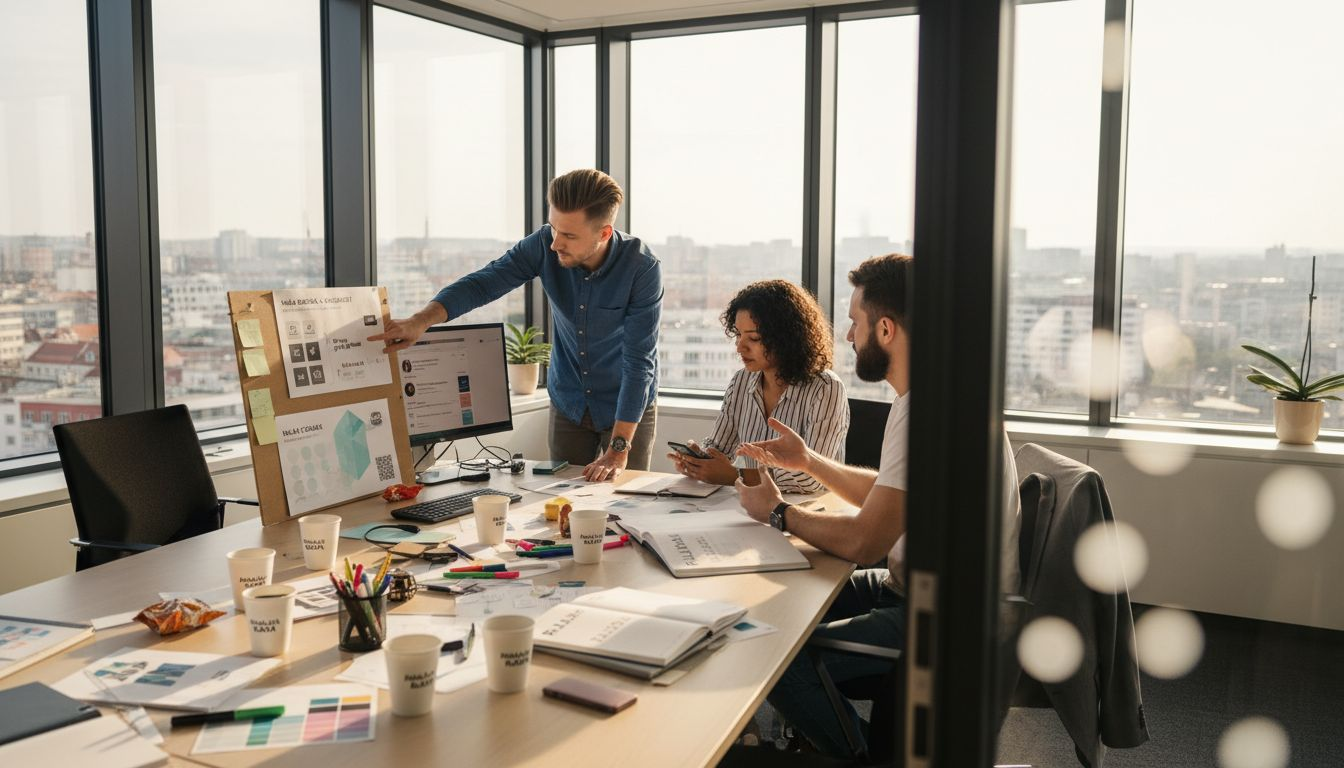 Tím diskutuje o stratégii značky v kancelárii zaplavenej denným svetlom.