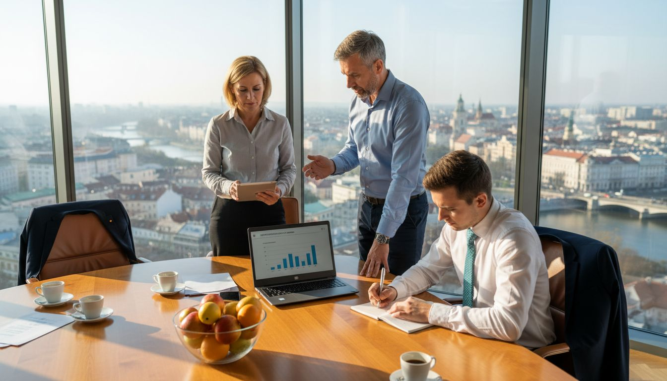 Tím manažérov v modernom kancelárskom priestore s výhľadom na mesto analyzuje aktuálne digitálne trendy.