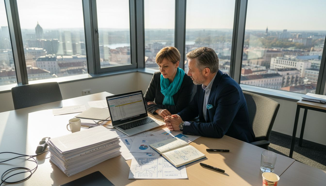 Majiteľ malej firmy spolu s konzultantom si prechádzajú a vyhodnocujú svoje marketingové stratégie, aby našli najlepšie spôsoby, ako osloviť zákazníkov a posunúť podnikanie vpred.