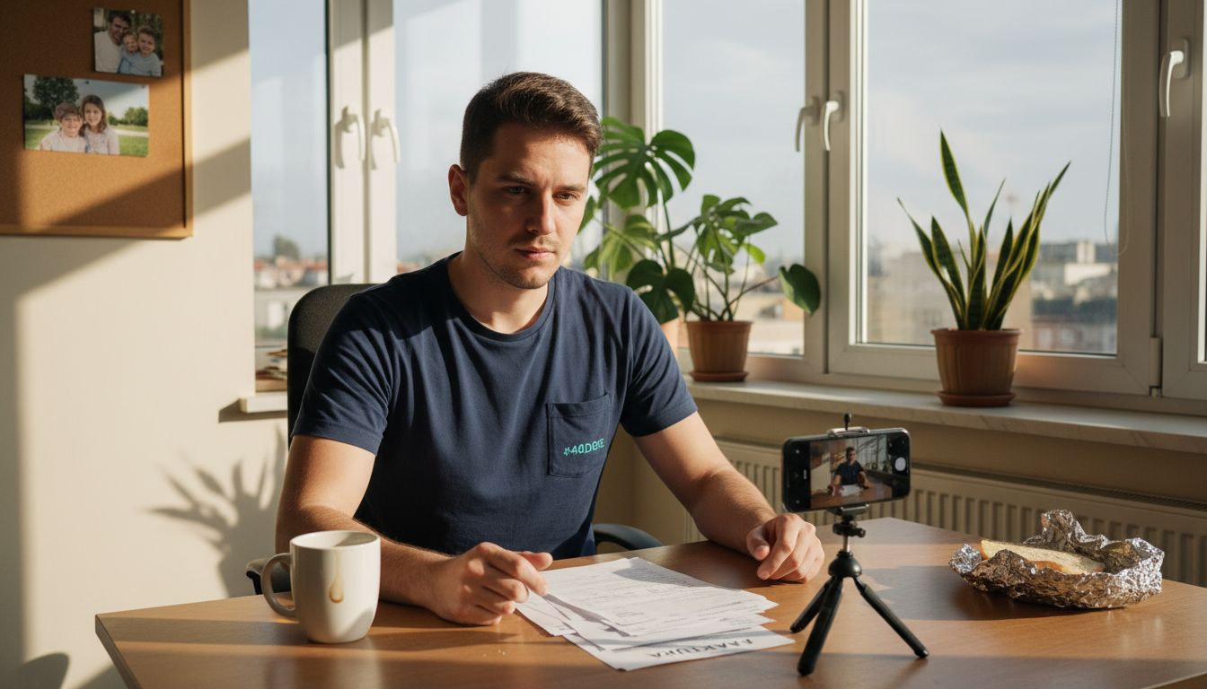 Majiteľ firmy si vo svojej kancelárii natáča video.