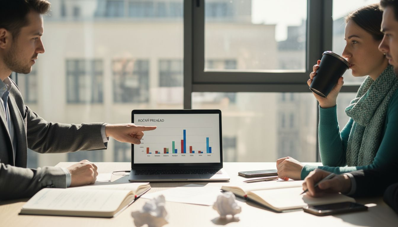 Tím si pri stole spoločne prechádza a analyzuje dáta.