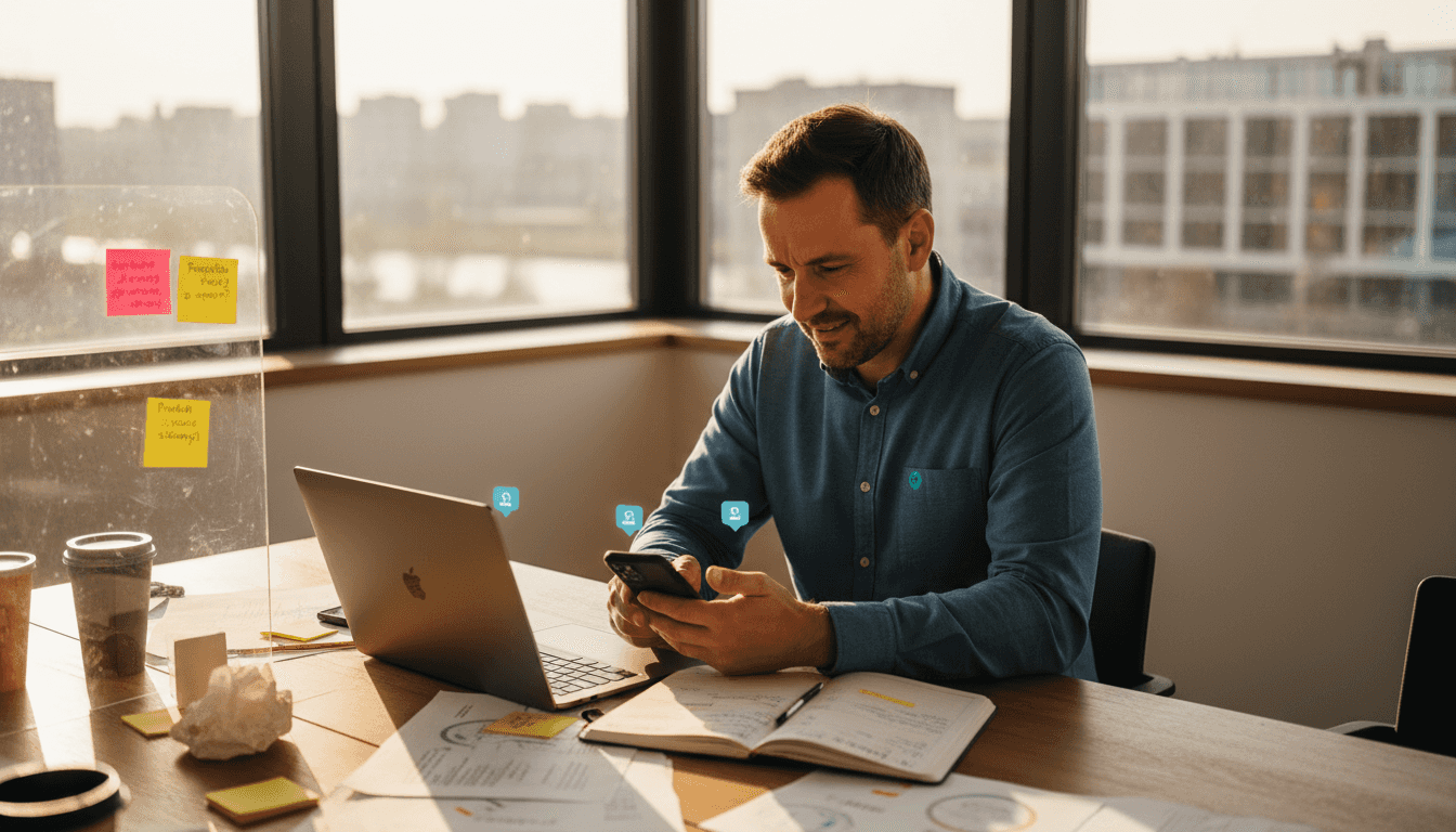 Podnikateľ pracuje v kancelárii na notebooku a zároveň vybavuje telefonáty.