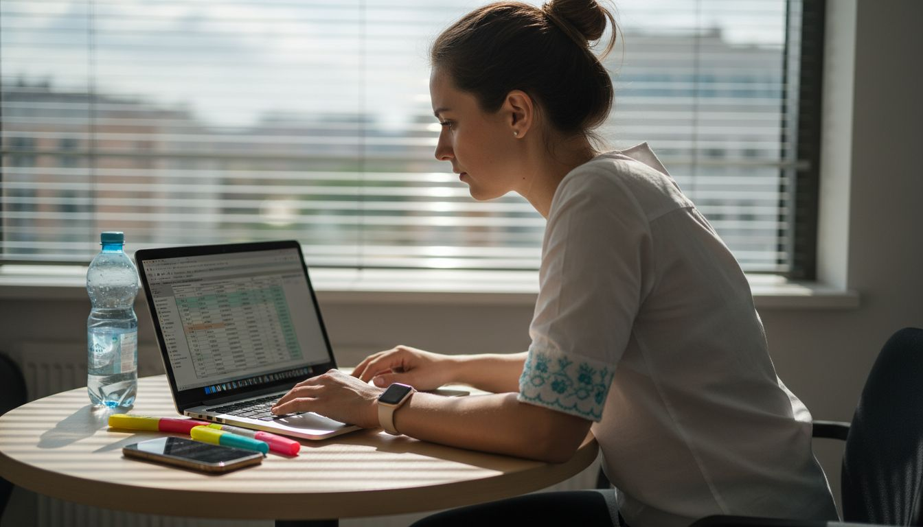 Žena si pri stole na notebooku počíta návratnosť investície.