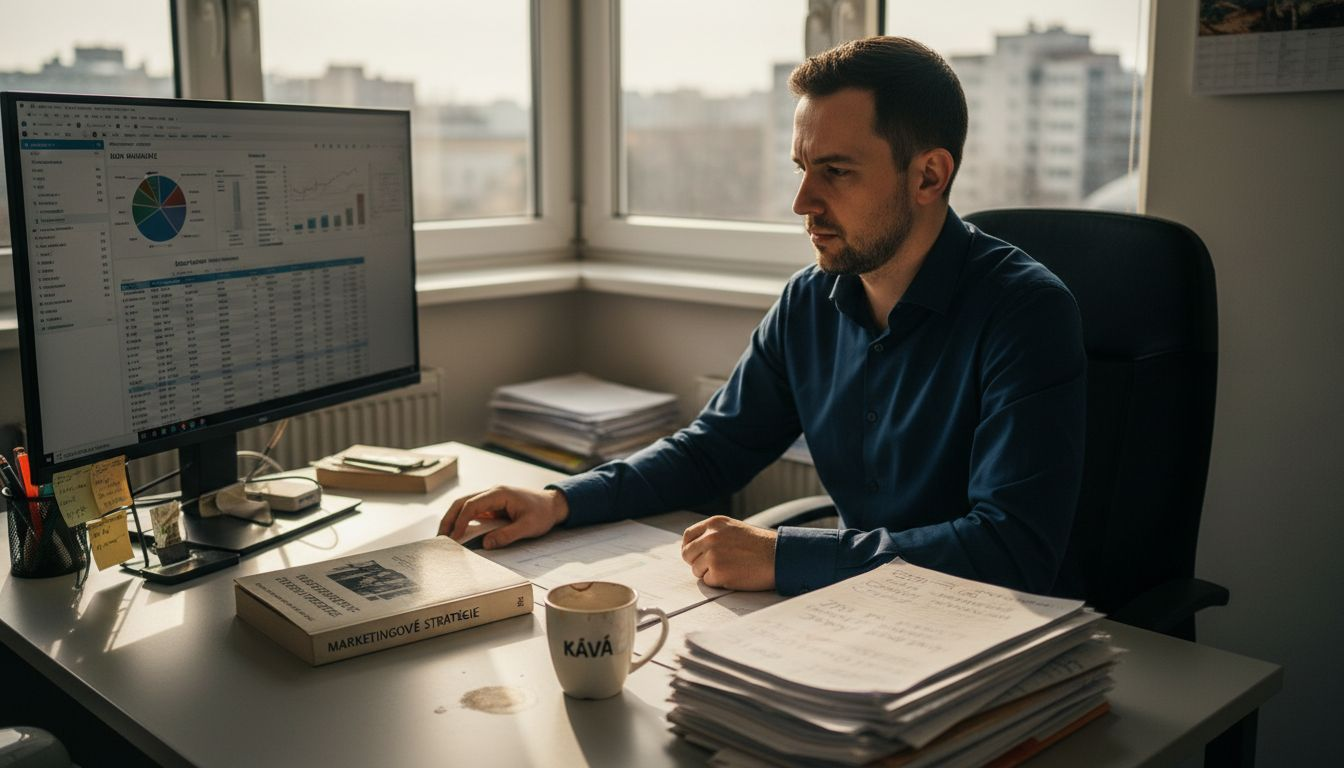 Muž si pri preplnenom pracovnom stole prezerá výsledky marketingových analýz.