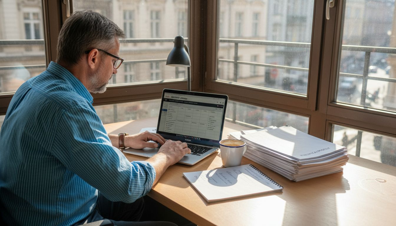 Muž v kancelárii si pripravuje stratégiu na tvorbu obsahu.