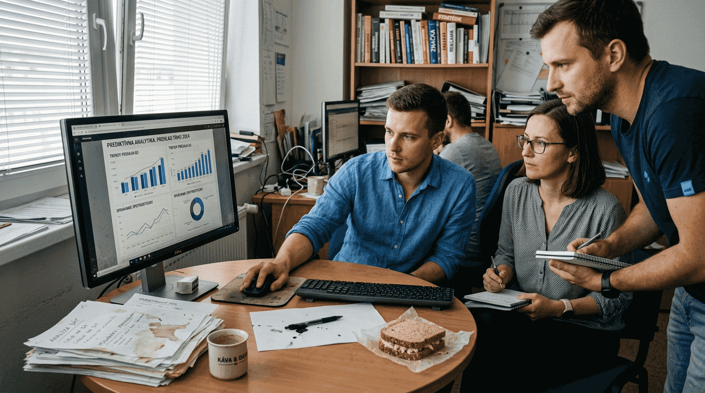 Tím si prechádza správu o prediktívnej analytike a diskutuje o jej výsledkoch.