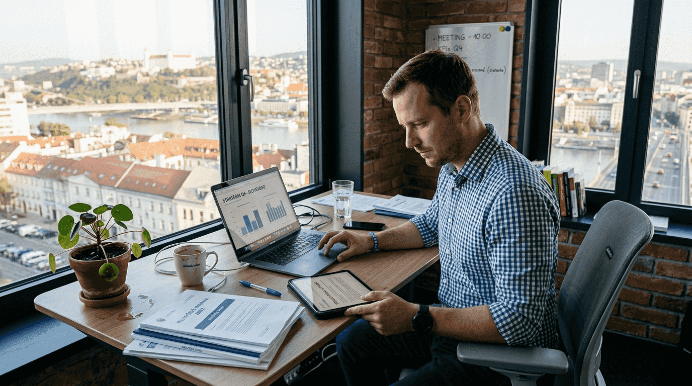 Muž pracuje s modernými digitálnymi nástrojmi vo svojej kancelárii v centre mesta.