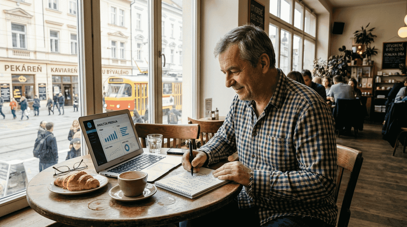 Majiteľ firmy si v útulnej kaviarni v centre mesta plánuje ďalšie kroky svojho podnikania.