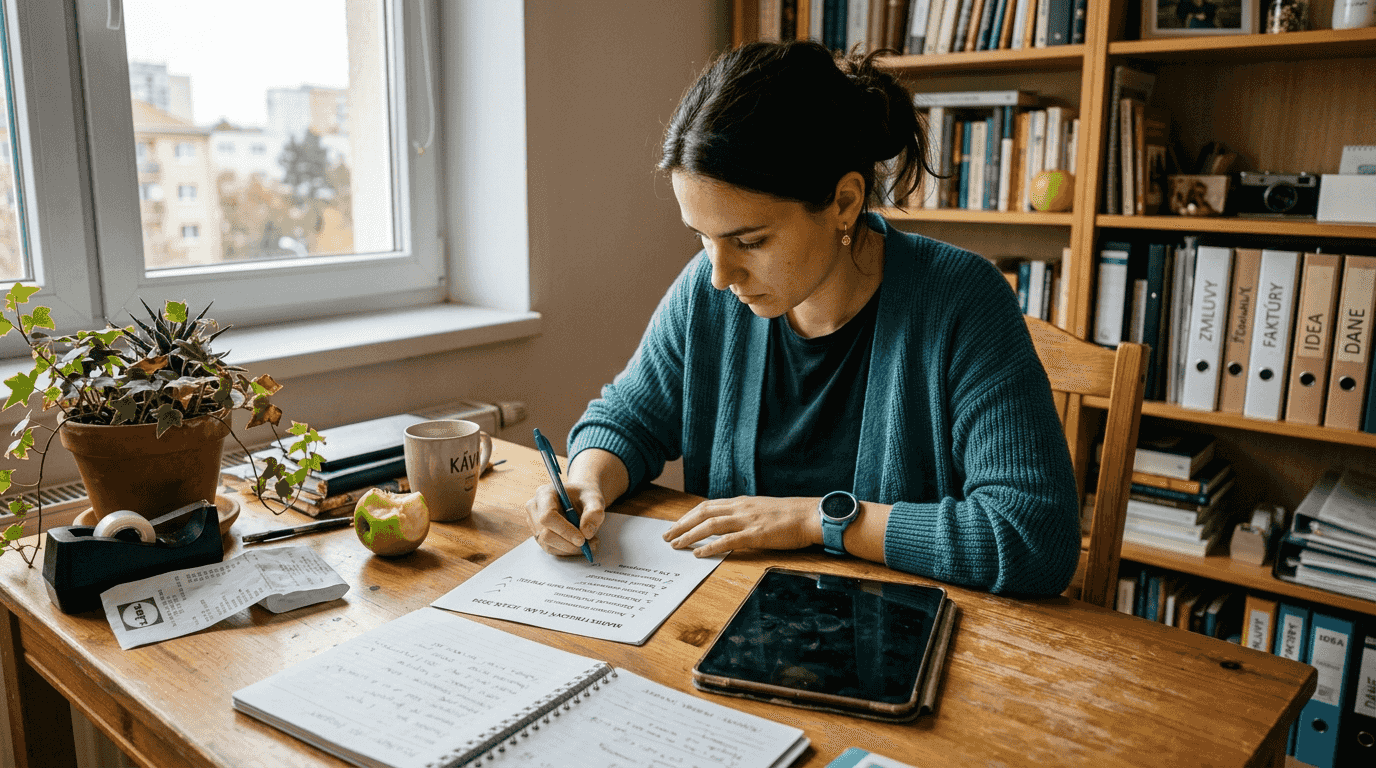 Podnikateľ si pri stole prechádza jednotlivé kroky svojho marketingového plánu a označuje si, čo je už hotové.