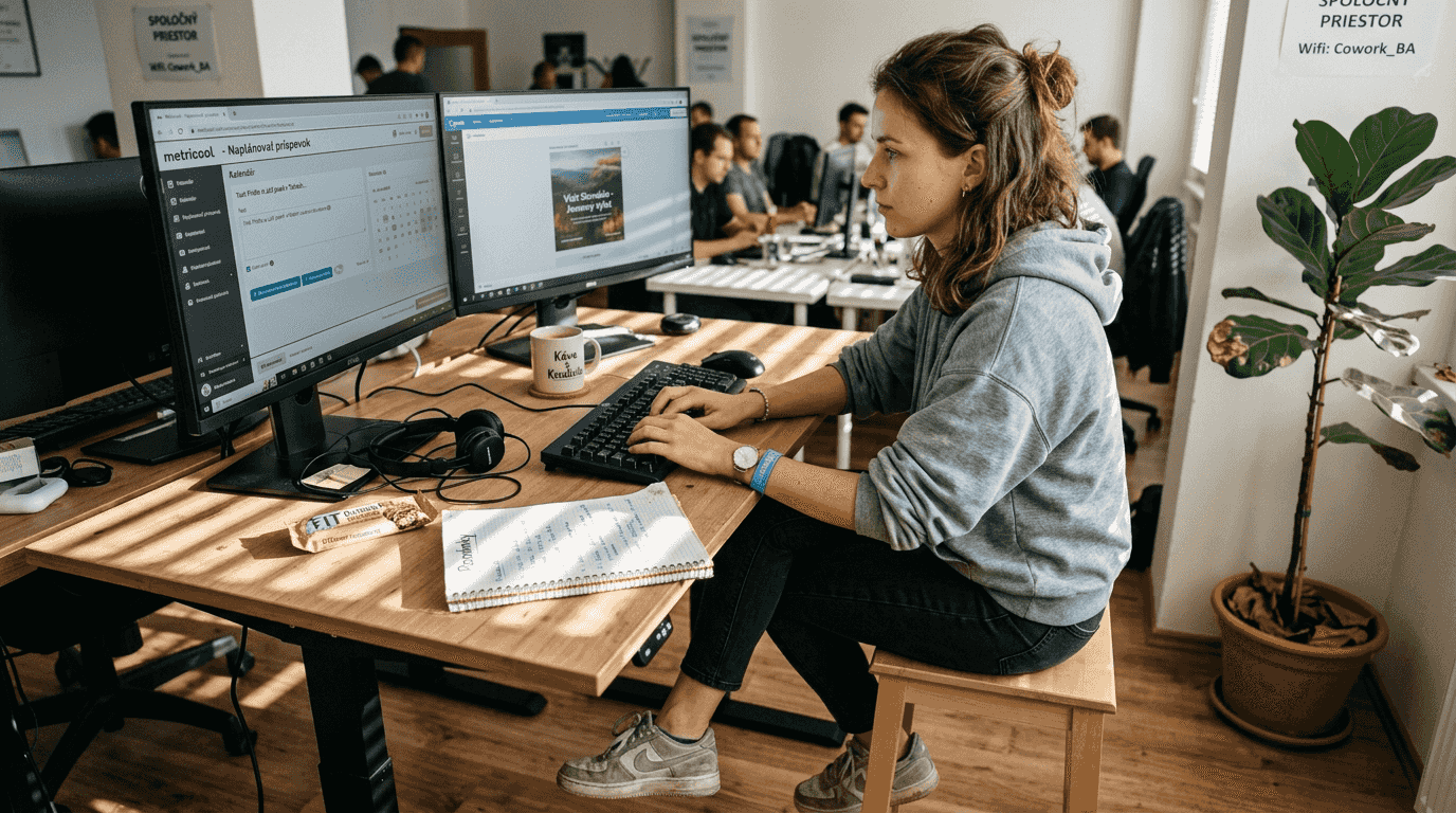 Marketingový špecialista si pripravuje plán obsahu, zatiaľ čo pracuje pri stojacom stole.