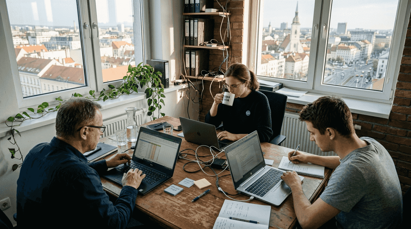 Tím spoločne pracuje pri stole v kancelárii.