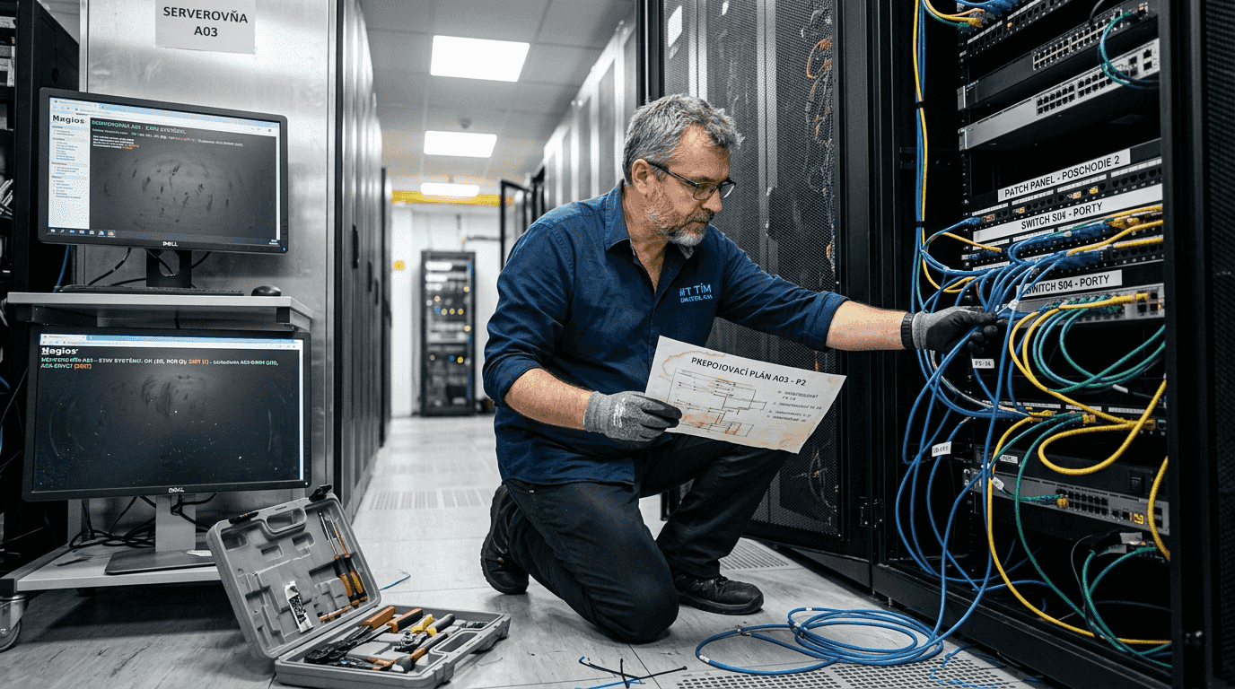 IT špecialista kontroluje servery v serverovni svojej firmy.