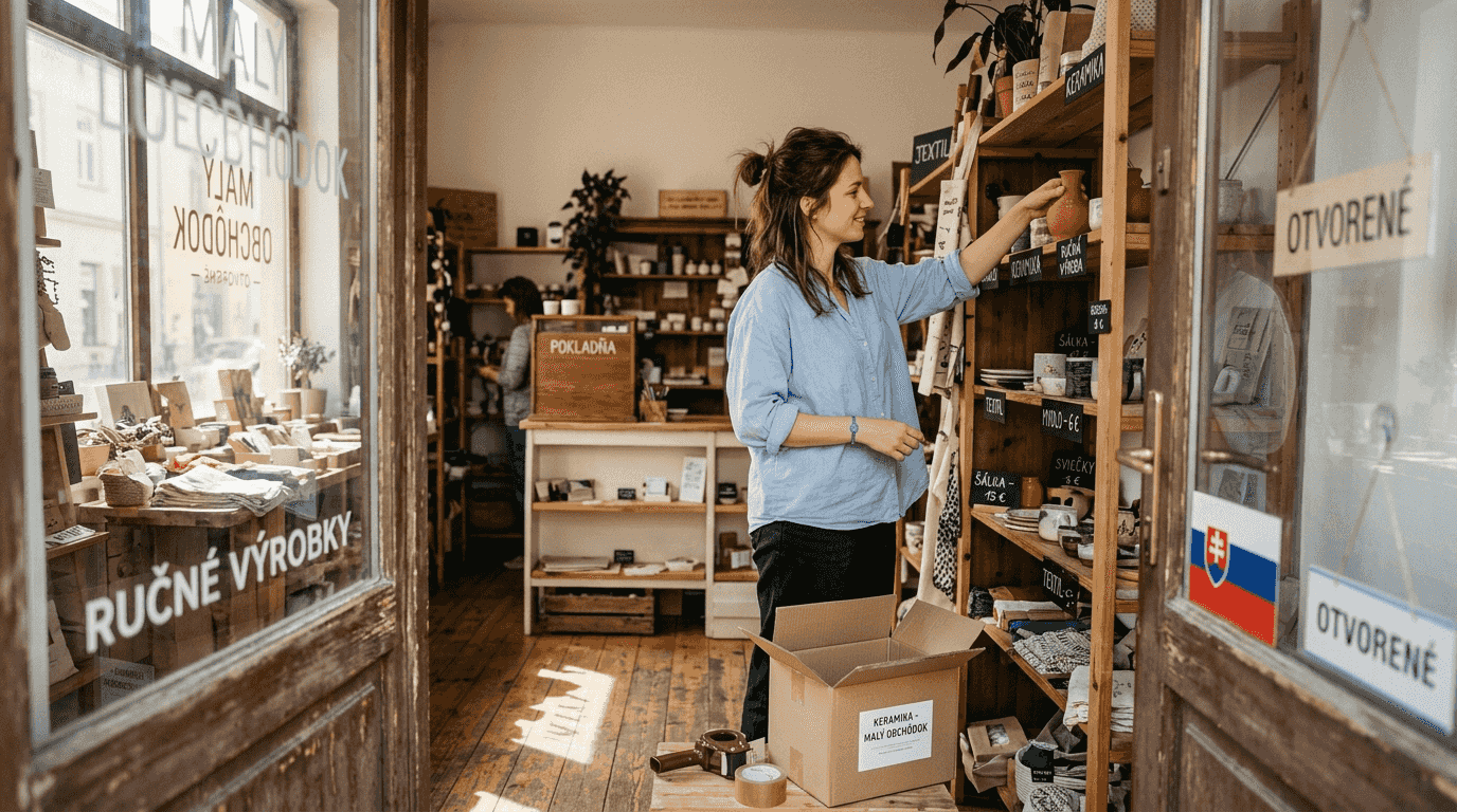 Majiteľ malej predajne si starostlivo upravuje tovar vo výklade, aby všetko vyzeralo upratane a lákavo pre zákazníkov.