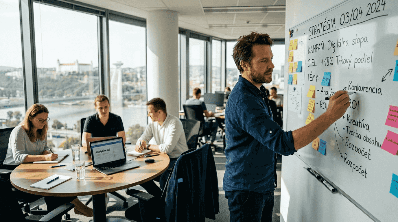 Tím rozoberá firemnú identitu na pracovnom stretnutí.