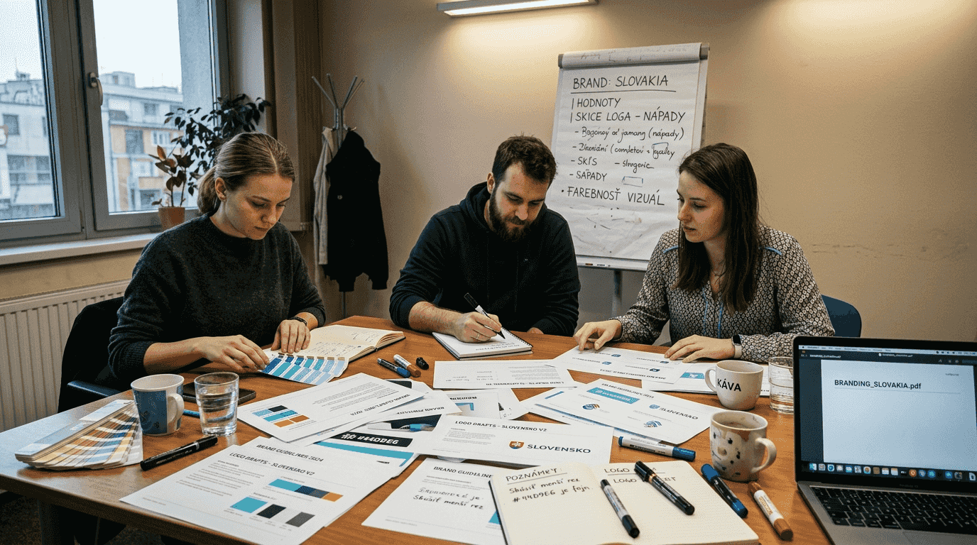 Tím zodpovedný za značku si spoločne prezerá návrhy nového loga a diskutuje o nich.