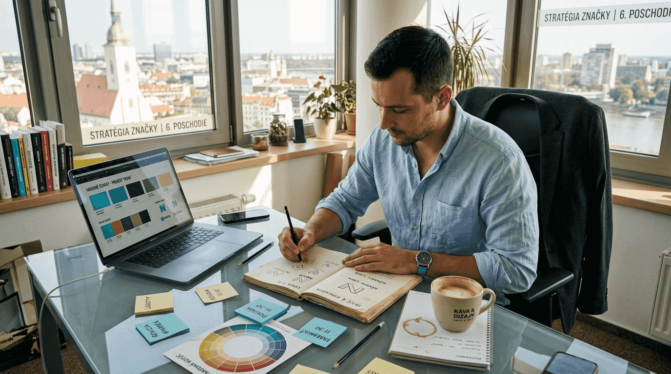 Brandový stratég si v kancelárii kreslí návrhy nových log, premýšľa nad ich vzhľadom a hľadá originálne riešenia pre firemnú identitu.