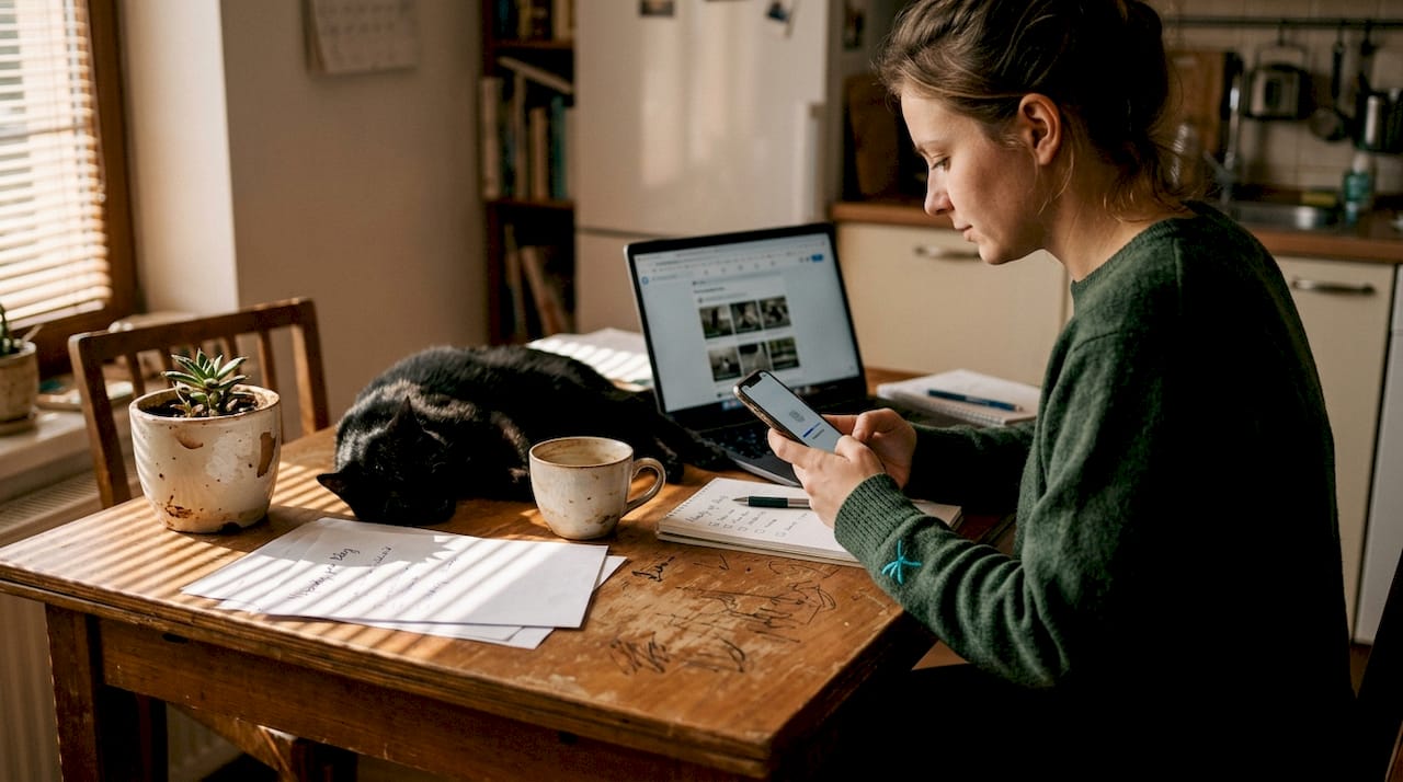 Mladá žena pridáva príbeh zo svojej kuchyne, kde je na stole poriadny chaos.