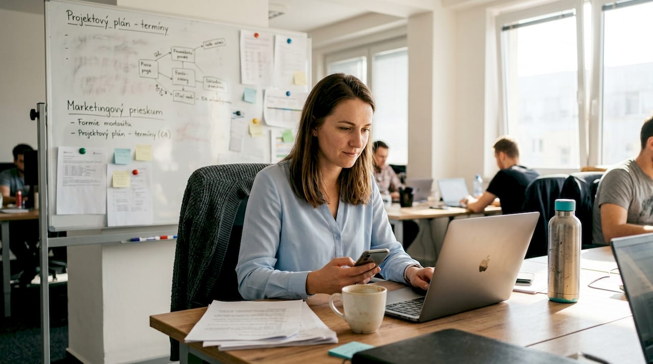 Mladá žena zvláda viac úloh naraz v modernom coworkingovom priestore – stíha pracovať na notebooku, vybavovať telefonáty aj zapisovať si poznámky.