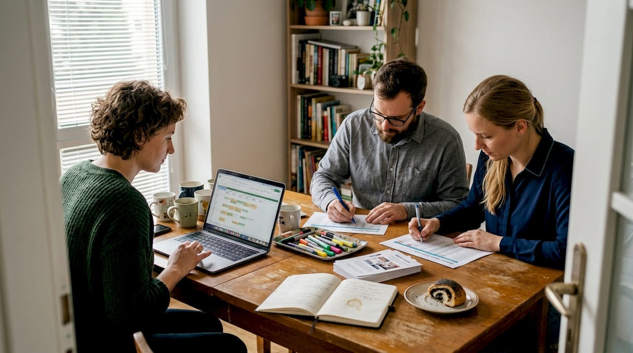 Tím diskutuje nad obsahovou stratégiou pri spoločnom stole v domácej kancelárii.