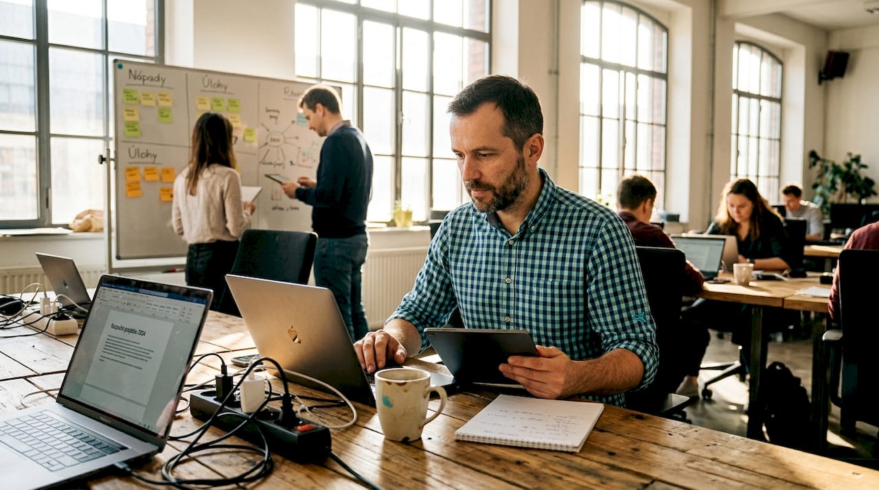 Muž zvláda viac úloh naraz v modernom open-space kancelárii plnej digitálnych technológií.