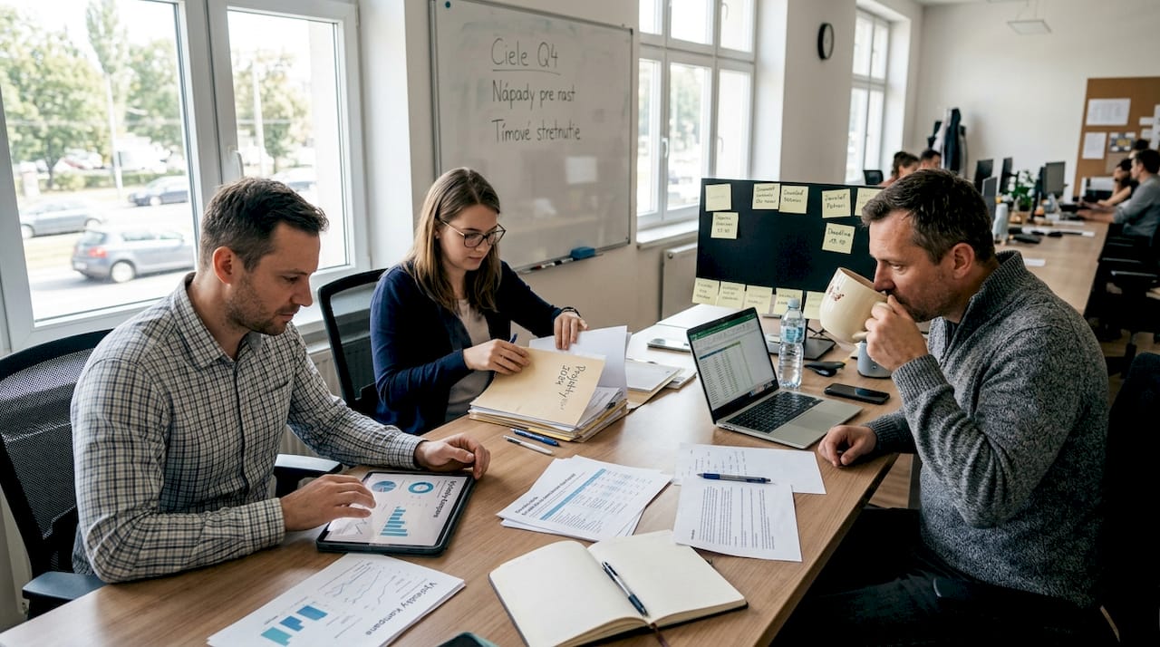 Malý tím podnikateľov si spoločne prechádza výsledky svojich marketingových aktivít.