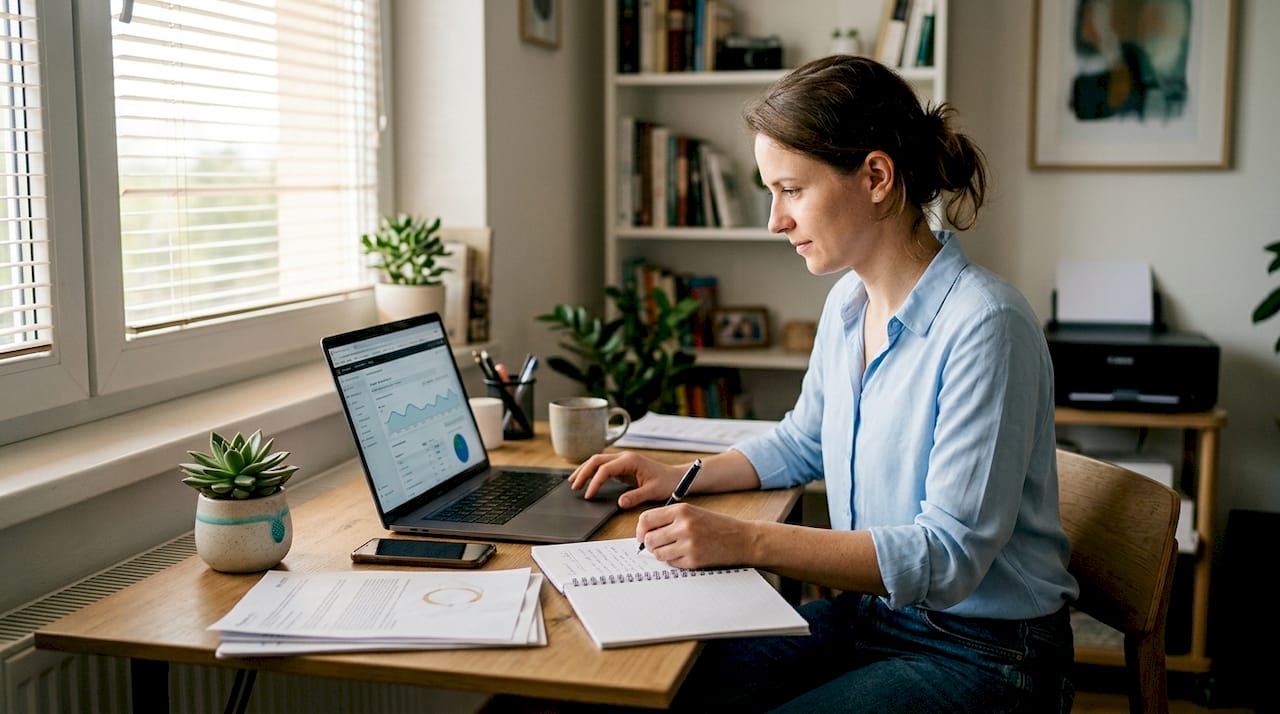 Žena si doma pripravuje stratégiu remarketingu