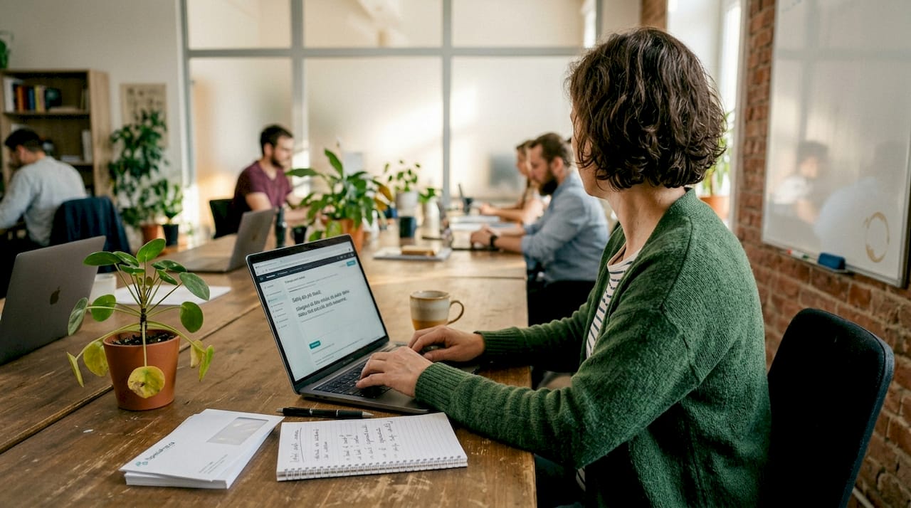 Zamestnanec pri stole odpovedá na spätnú väzbu od nadriadeného.