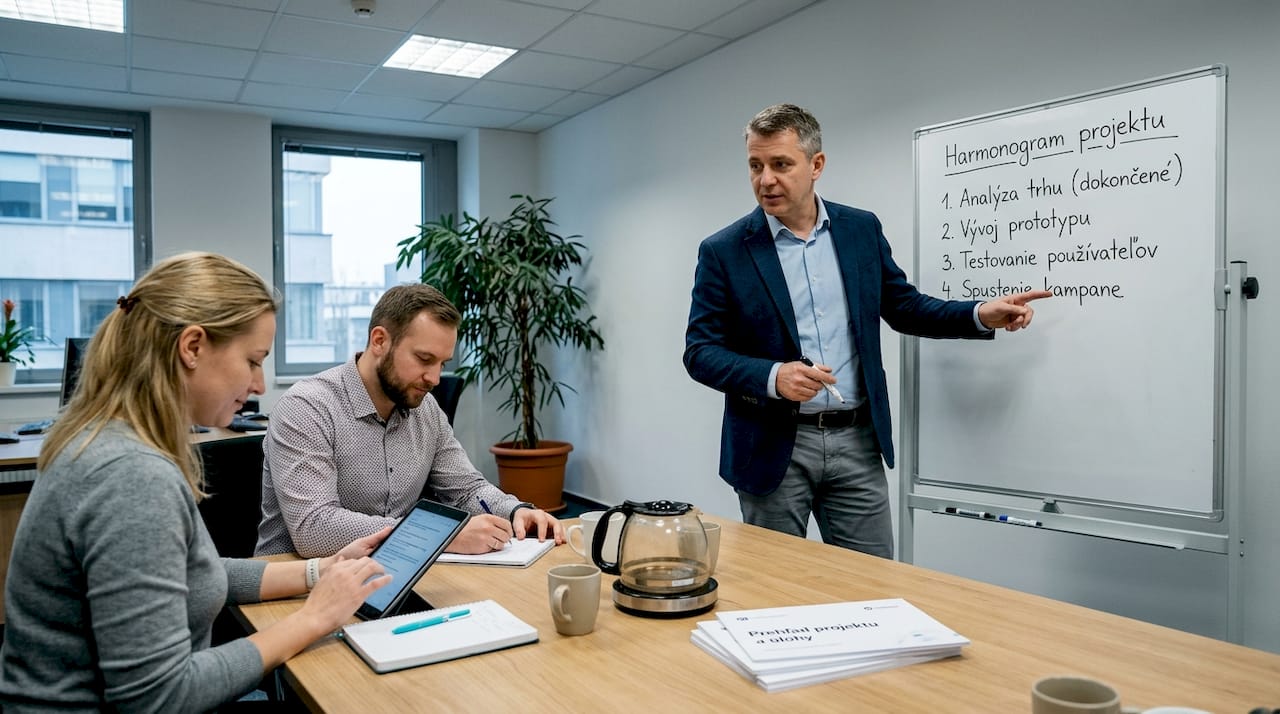 Počas porady vedúci ukazuje na tabuľu a vysvetľuje jednotlivé body.