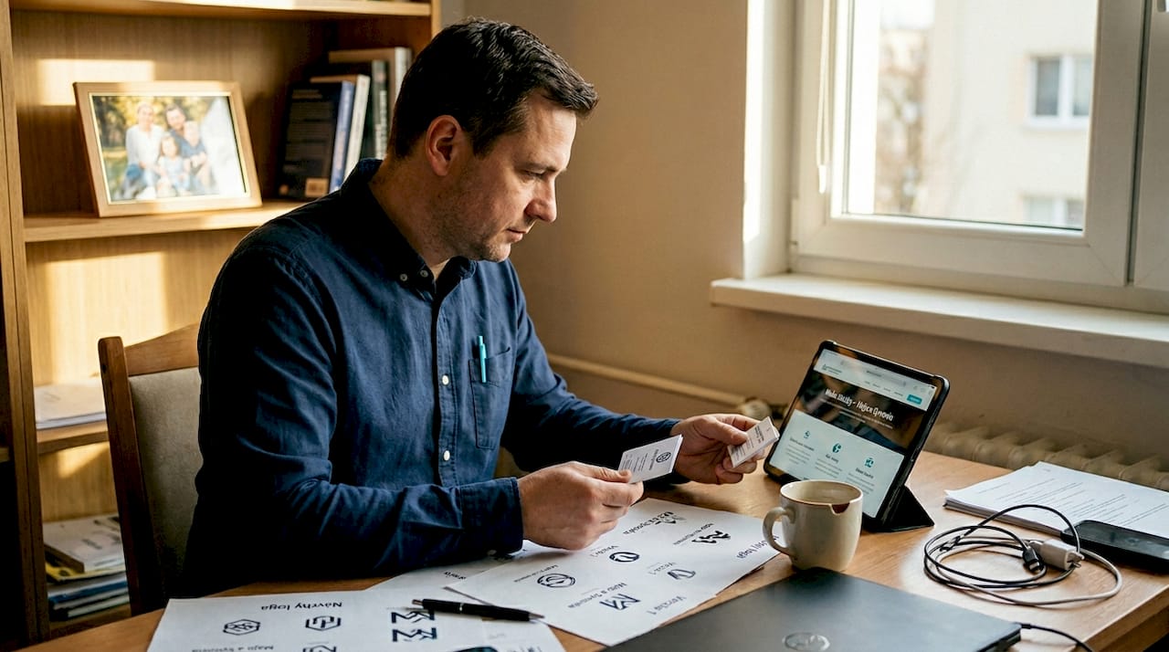 Podnikateľ si vo svojej domácej kancelárii prechádza firemné materiály a hodnotí vizuálnu identitu svojej značky.