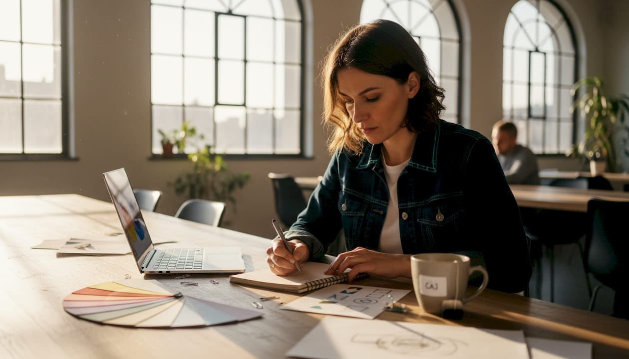 Marketingový manažér premýšľa nad novými nápadmi na budovanie značky vo svojej kancelárii.