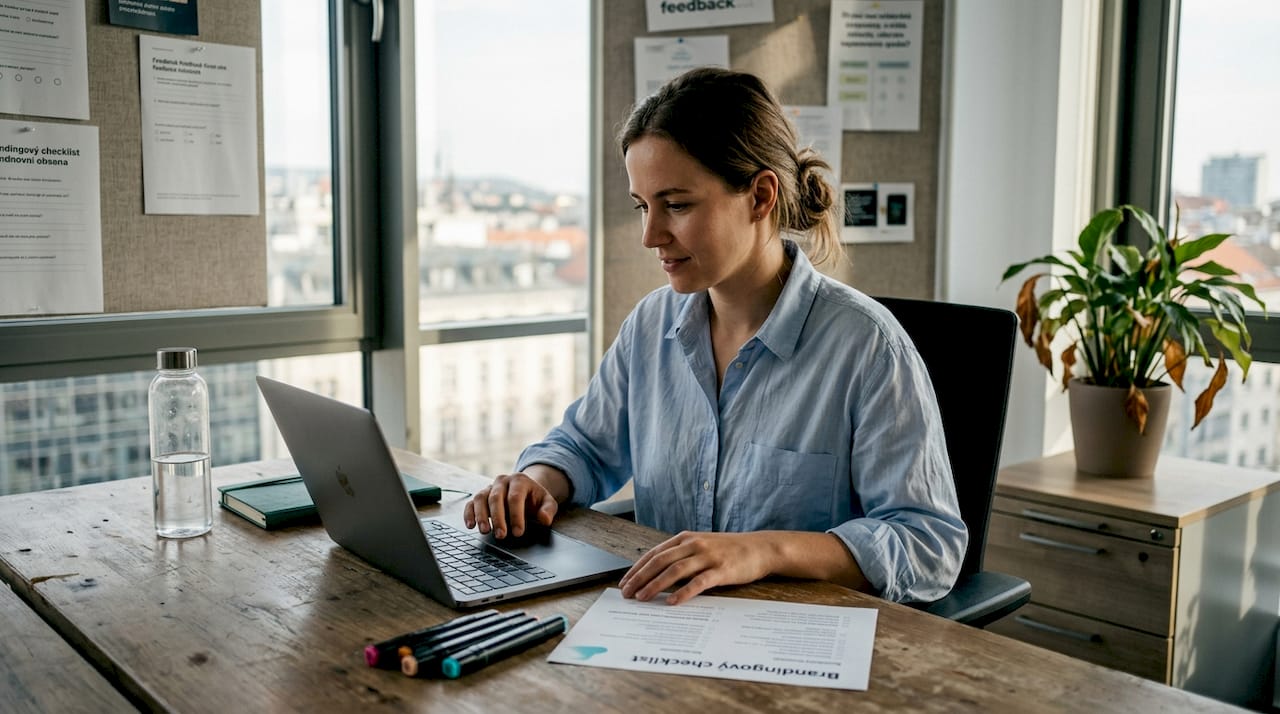 Manažér si pri stole prechádza zoznam úloh súvisiacich s firemnou identitou.