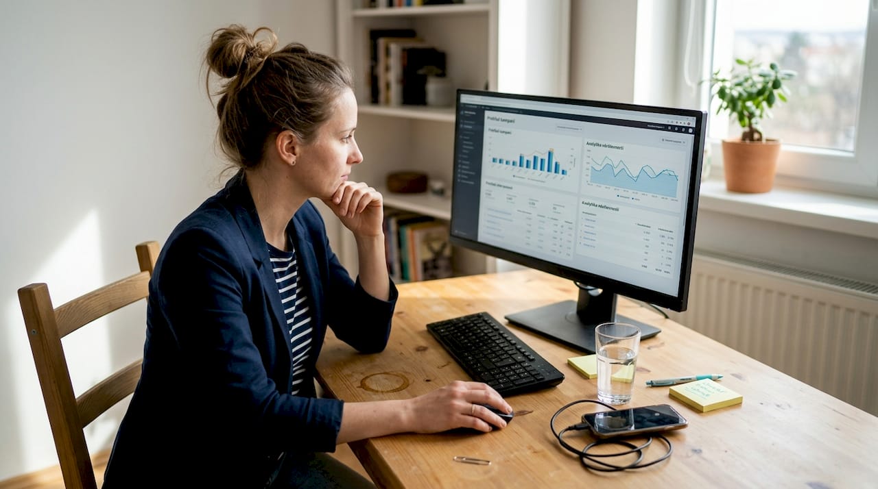 Žena si pri pracovnom stole pripravuje marketingovú stratégiu.