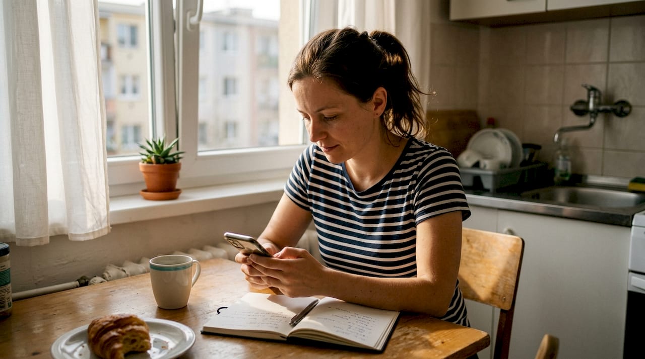 Podnikateľ si pri kuchynskom stole prezerá svoj firemný Instagram.