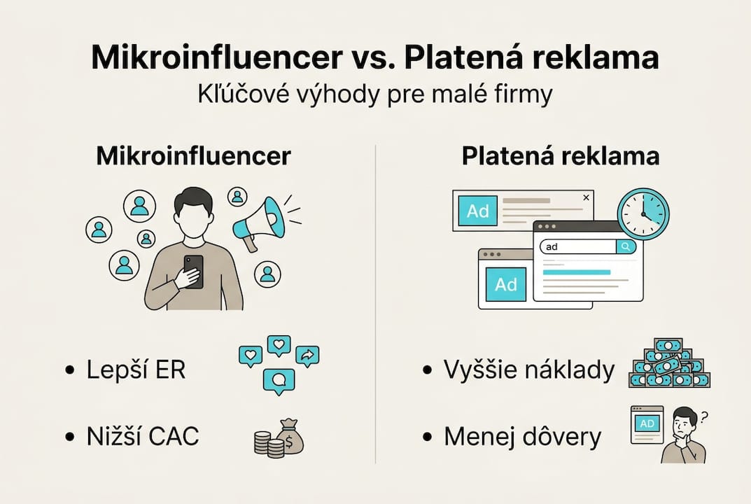 Porovnanie: mikroinfluenceri verzus klasická platená reklama – prehľad v infografike