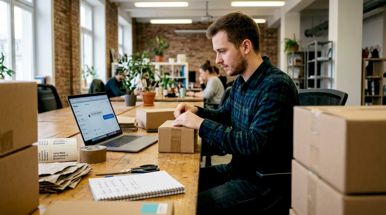 Majiteľ malej firmy si pri stole balí objednávky pre svojich zákazníkov.