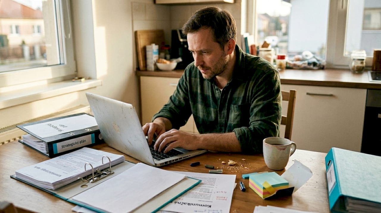 Muž si pri kuchynskom stole pripravuje manuál pre budovanie značky.