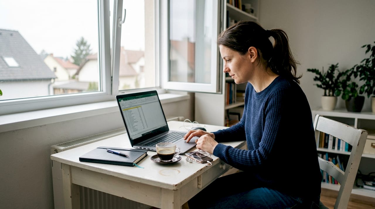 Žena pracuje z domova a analyzuje výsledky marketingových kampaní vo svojom domácom pracovnom prostredí.