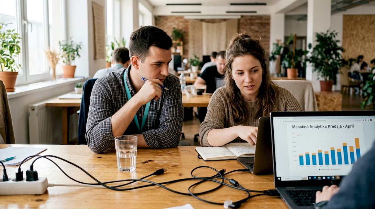 Dvaja kolegovia spolu pri jednom stole premýšľajú, ako nastaviť automatizáciu marketingu.